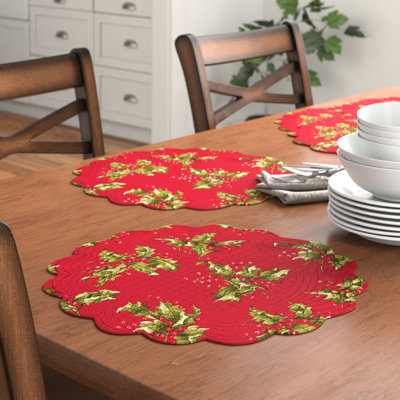 Holly Red Cotton Quilted Round Reversible Placemat Set Of 6