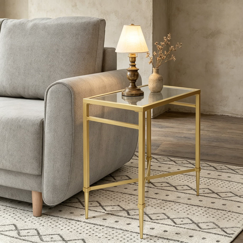 Table de bout rectangulaire dorée avec plateau en miroir, table d'appoint moderne en métal, petite table d'appoint étroite pour le salon, balcon, L 22 po x l 12,4 po x H 24 po