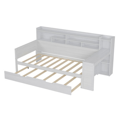 Lit de jour simple en bois avec tablettes de rangement, lit multifonctionnel avec lit gigogne simple et bureau d'étude, blanc antique (ancien SKU: N733S242275K)