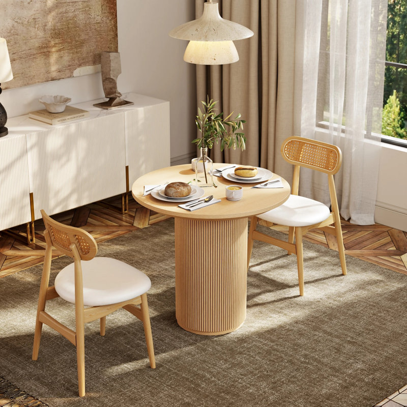 31.5 Inch Round Dining Table for 2, Circle Kitchen Table with Wood Strip Base, Modern Farmhouse Dinner Tables for Kitchen, Living Room