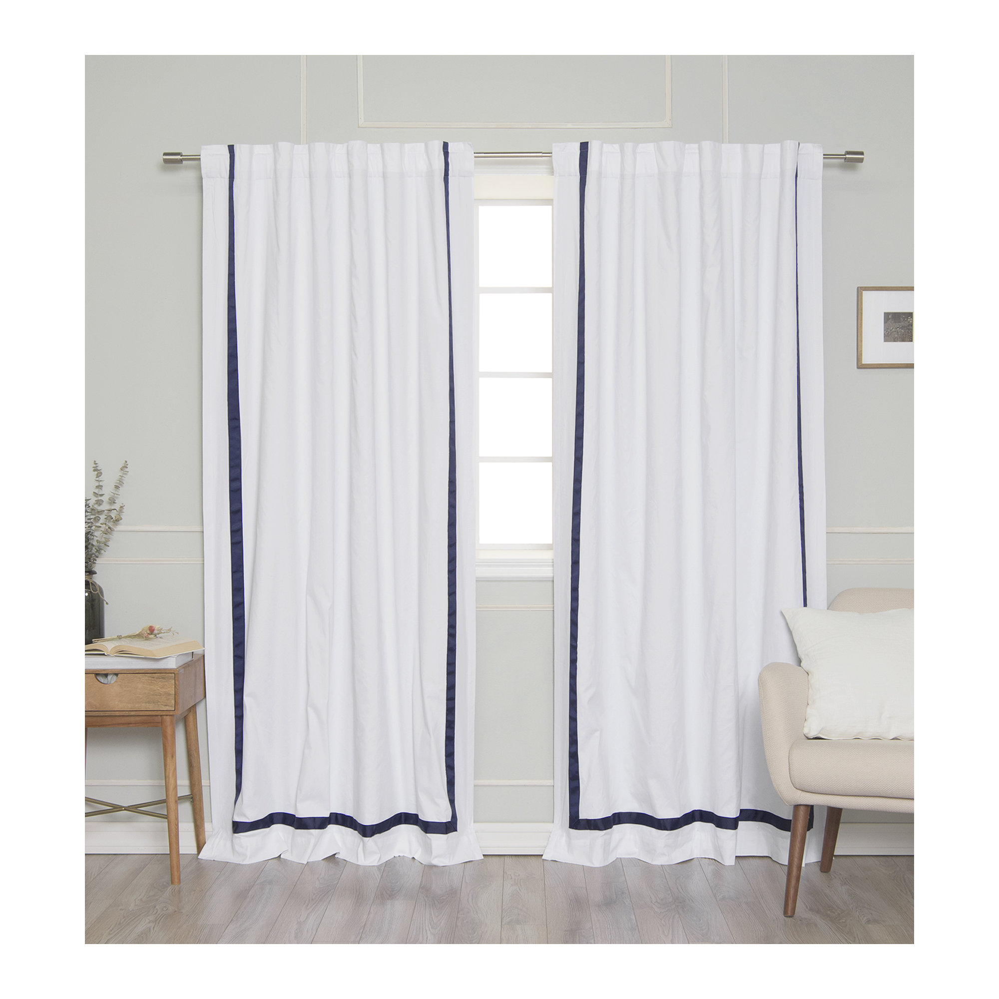 Nico Blackout Cotton Curtain, White/Navy