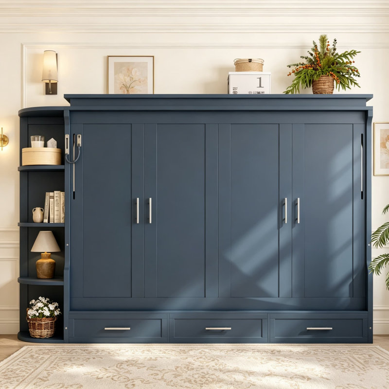 Lit escamotable escamotable, lit plateforme escamotable avec tablette, placards latéraux et tiroirs, lit-armoire pliable, lit caché multifonctionnel, lit-armoire convertible pour chambre d'amis, appartement ou bureau à domicile