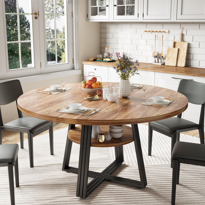 Round Dining Table for 4-6, 47.2" Farmhouse Kitchen Table with Storage, Circle Dinner Tables for Kitchen, Dining Room, Living Room, Meeting Room, Apartment