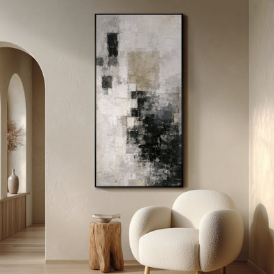 Très grand art mural imprimé sur tissu - Composition abstraite minimaliste, neutre, beige et noire à motif géométrique moderne pour le salon ou la chambre à coucher - «Assemblage requis du cadre (cadre non fini)»