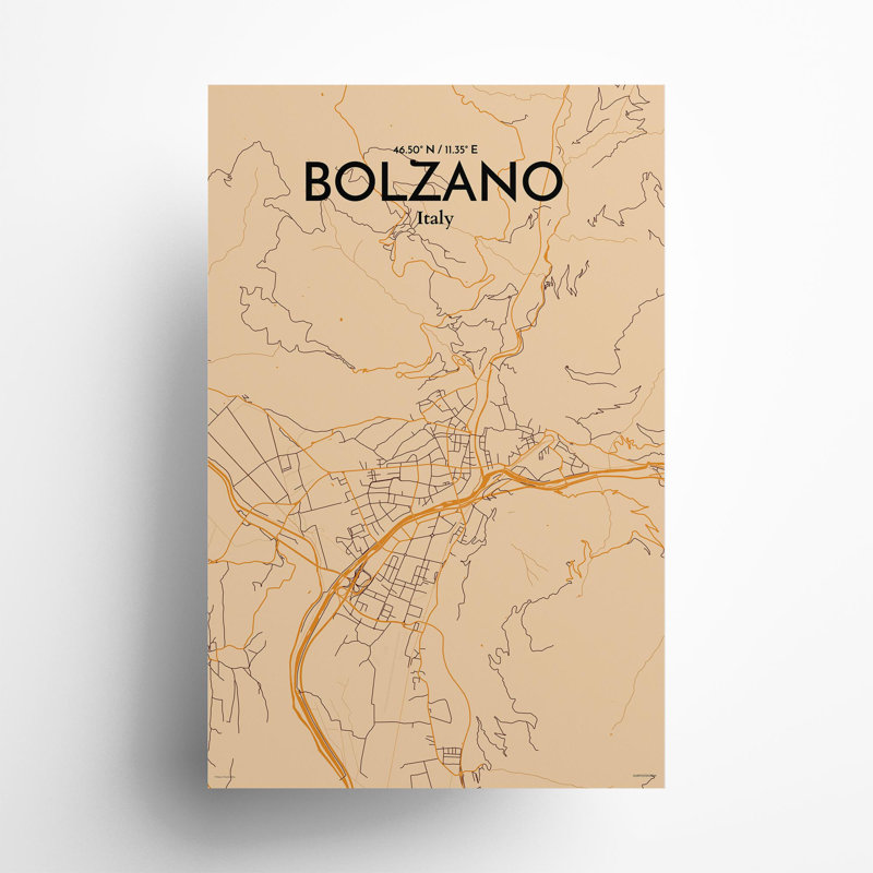 Bolzano City Map In Vintage - No Frame Print, 17cm H x 11cm W x 0.05cm D