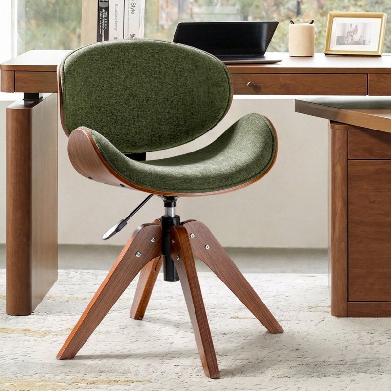 Chaise de bureau Oswina de style moderne du milieu du siècle, en tissu, avec structure en bois courbé et base pivotante.
