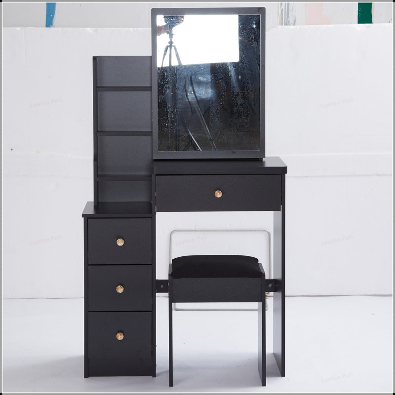 Compact and Practical Vanity Table Set with Extra Large Sliding Mirror and Multi-Layer Storage for Small Spaces, Black