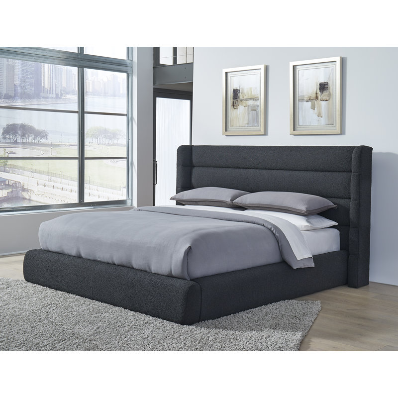 Upholstered Platform Bed, California King, Black Boucle
