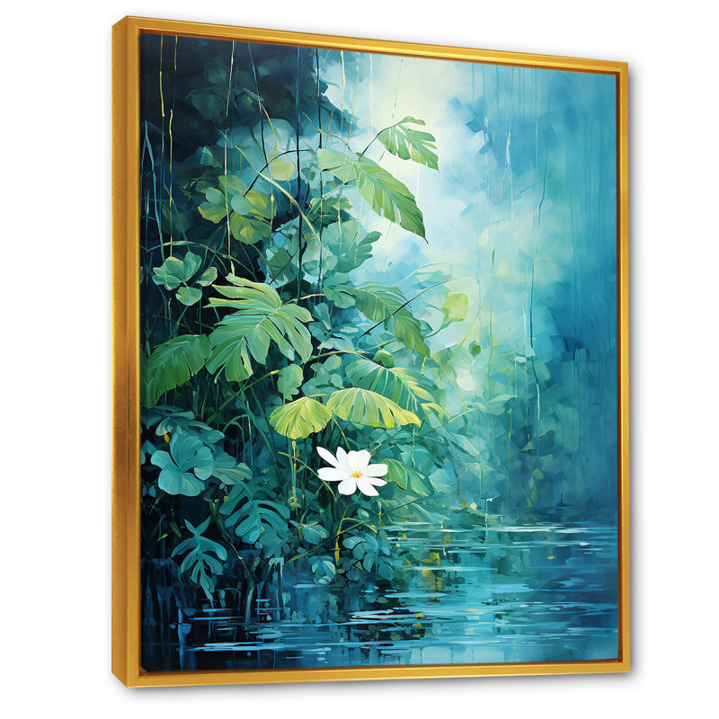 «Blue Tropical Plants Mirage 4 - Jungle», art mural, Cadre flottant doré, H 20 po x l 12 po x P 1 po