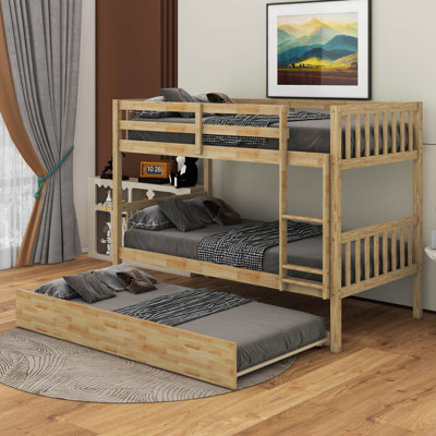 Twin Over Twin Rubber Wood Bunk Bed With Trundle, Convertible Into 2 Beds