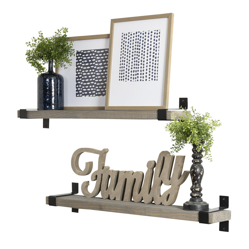 Abasi 2 Piece Pine Solid Wood Bracket Wall Shelf, 5.63" H x 36" W x 6" D, Gray, Black
