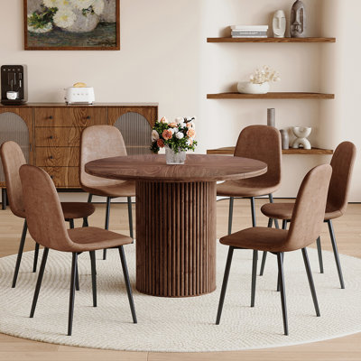 42"L Round Mordern Pedestal Fluted Dining Table Set For 4-6 With 34.5" Dining Chair