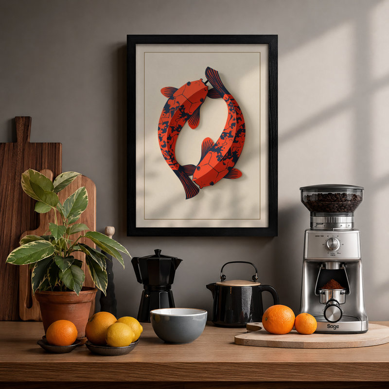 Two Fish in Balance Boho - Framed Print, A2 - 59.4 x 42.0 cm, Black