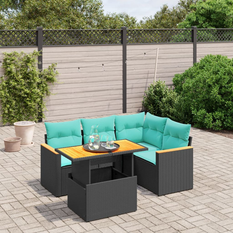  5 Piece Patio Sofa Set With Cushions Poly Rattan, Green, Black