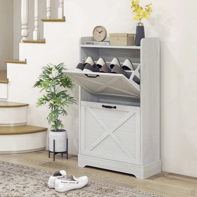 Shoe Cabinet, Farmhouse Hidden Shoe Storage Cabinet With 2 Flip Drawers And Adjustable Shelves