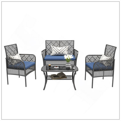 Ensemble de 4 meubles de patio pour l'extérieur, chaises de conversation en osier de rotin PE avec table en verre trempé et coussins moelleux pour piscine ou pelouse