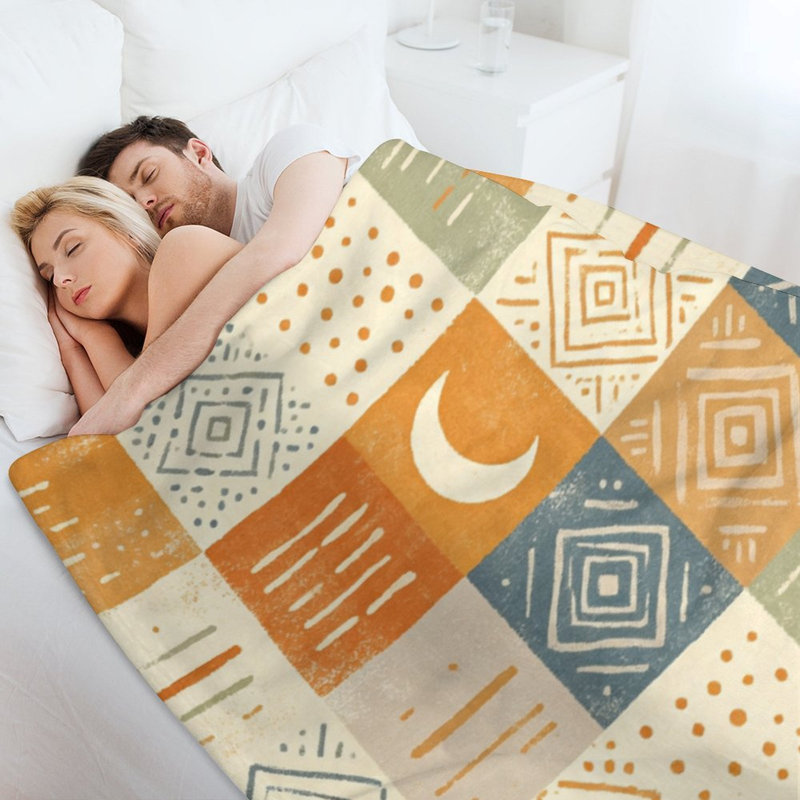 Jeté géométrique lune et flanelle de luxe, couverture douce et chaude pour le canapé du salon, 50x60in