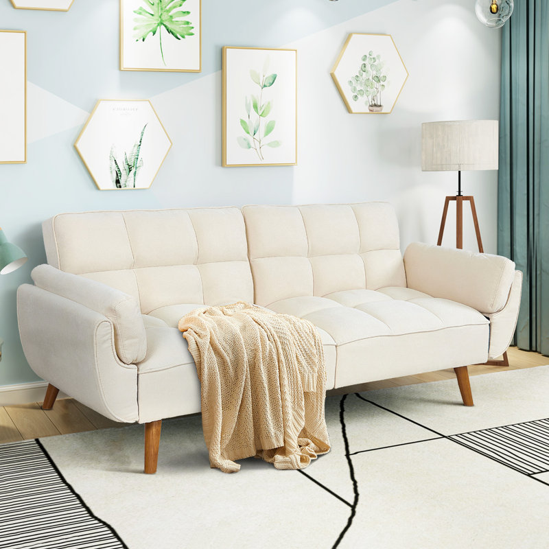 Kamaren Full 75.39" Futons Upholstered Convertible Sofa, Ivory Polyester Blend