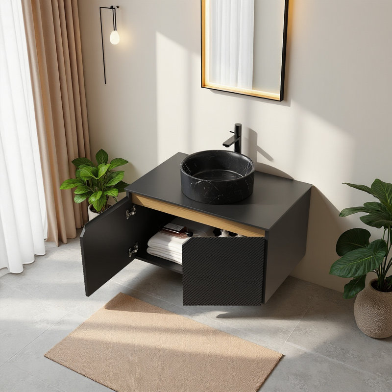 Armoires de salle de bain modernes, dessus de meuble-lavabo en pierre frittée noire et armoire en bois noir, sans lavabo inclus