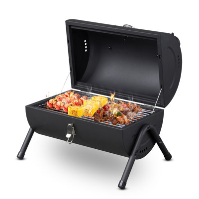 Barbecue à charbon portatif de 42 cm x 30 cm x 36 cm avec thermomètre intégré et poignée en bois, barbecue extérieur robuste pour le camping, la terrasse, les pique-niques et les fêtes d'avant-match.