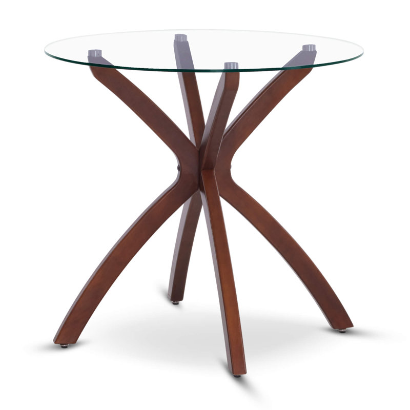 Round Dining Table with Tempered Glass Top and Solid Wood Legs, Brown