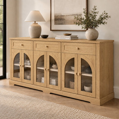 68" Sideboard Cabinet with 3 Drawers and 6 Arched Tempered Glass Doors, Large Buffet Credenza with Adjustable Shelves, Black