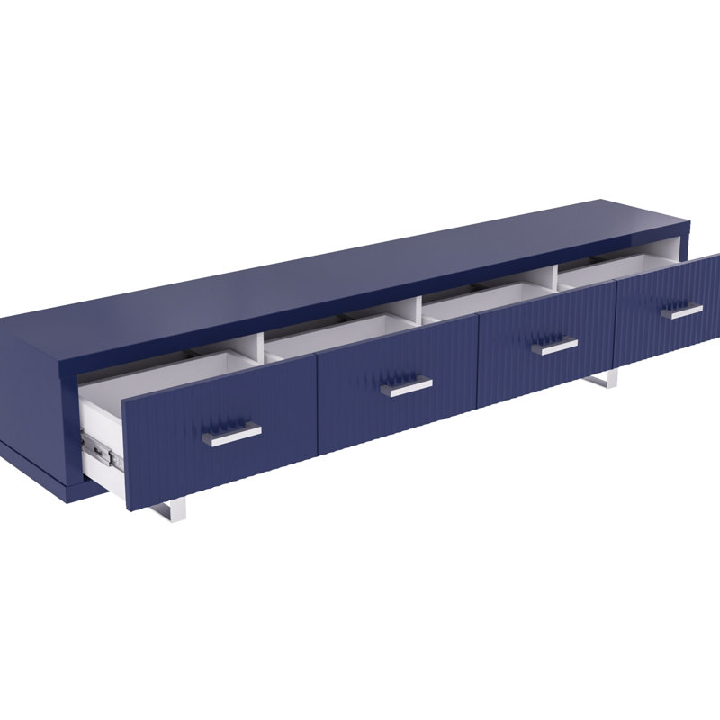 Meuble télé haute brillance bleu 78,7 po x 13,8 po 17,8 po, apparence moderne, tiroirs pour accessoires et pieds de style contemporain, poignées de rangement