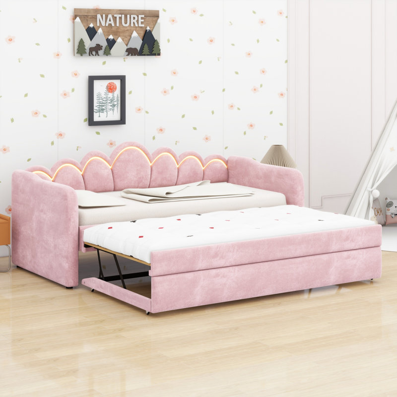 Contemporary Upholstered Daybed & Trundle with LED Lights, Pink