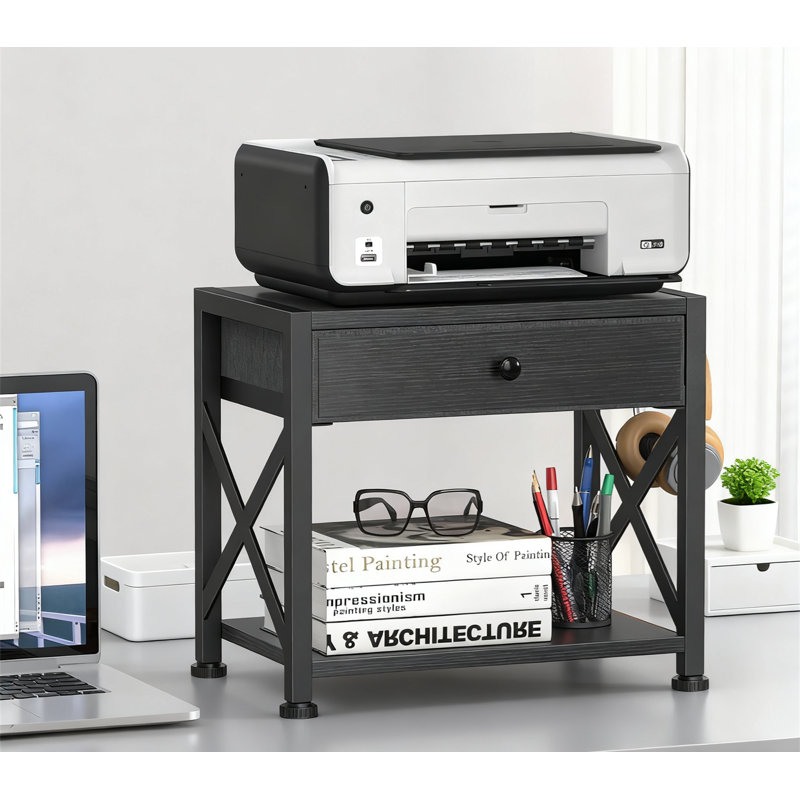 Support pour imprimante à 2 niveaux avec grand tiroir en tissu et roulettes, tablette de rangement mobile sous le bureau pour le bureau à domicile