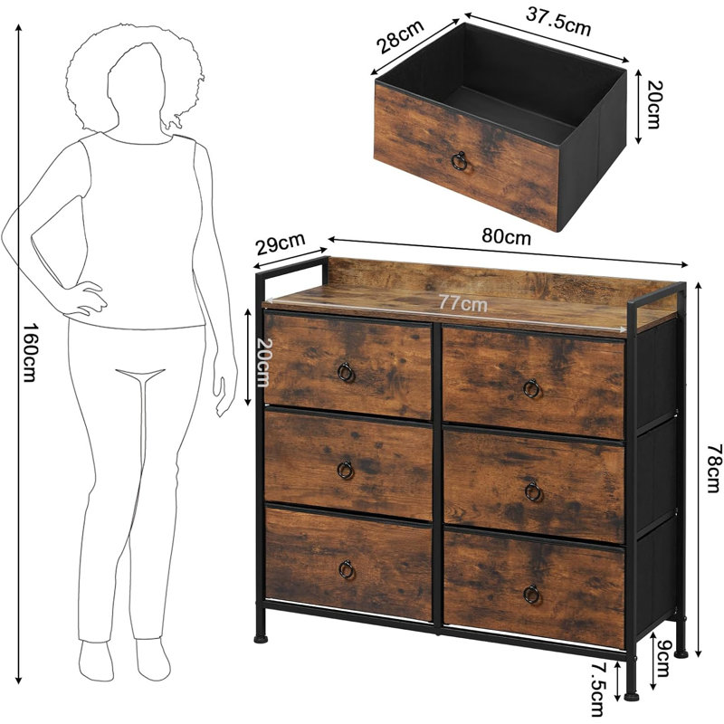 Chest of drawers with drawers, cabinet with 6 fabric drawers, storage cabinet for bedroom, living room, hallway, metal frame, industrial style