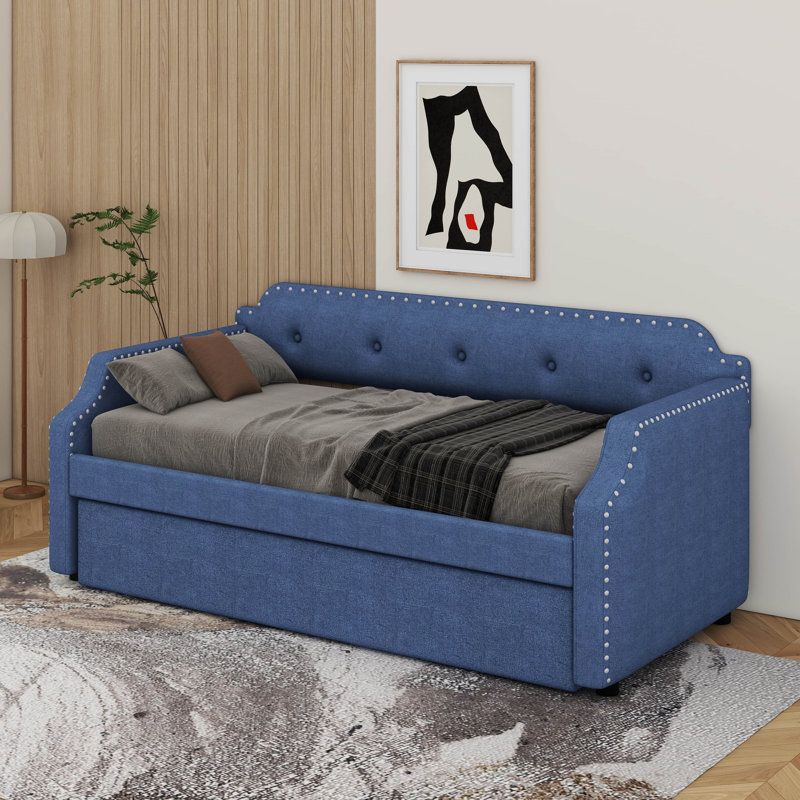 Twin Size Upholstered Daybed With Trundle, Blue