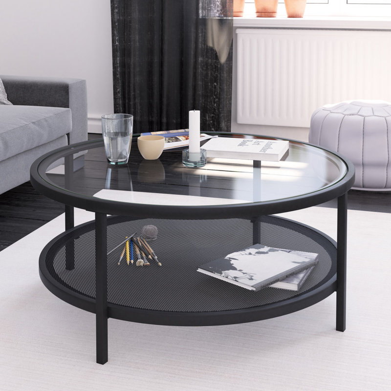 Chiang 36" Glass And Steel Round Coffee Table With Shelf