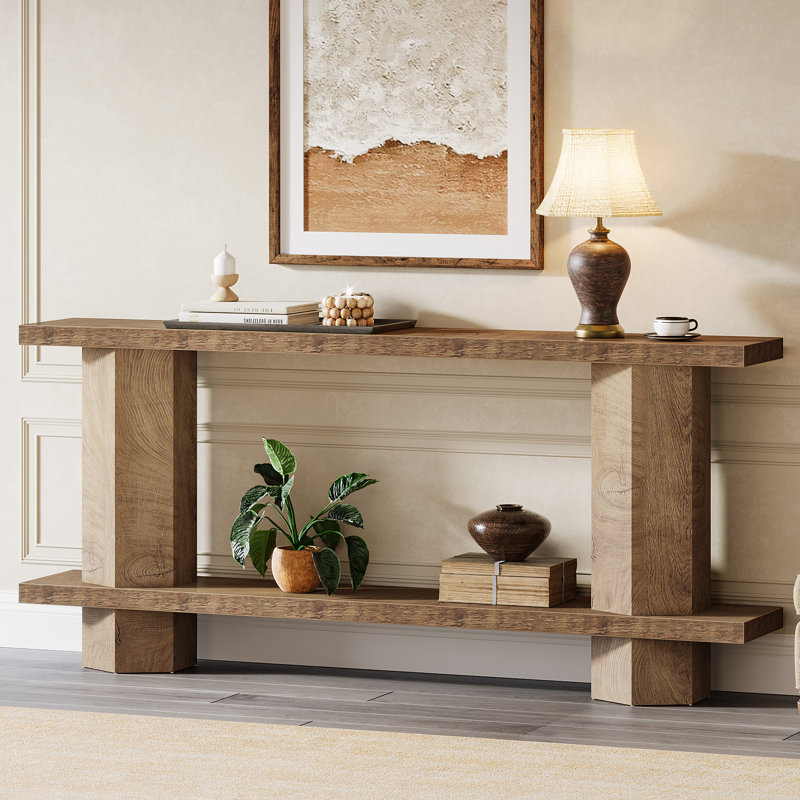 71" Extra Long Console Table With Storage Shelf, Farmhouse Entryway Table Behind Couch Sofa Table, Brown