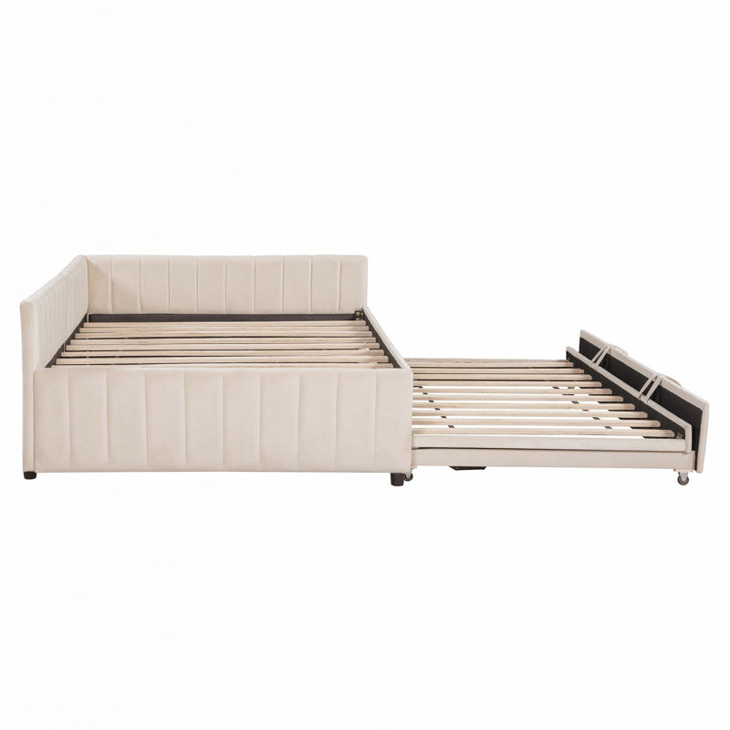 Full Size Upholstered L-Shaped Upholstered Daybed with Twin Size Pop Up Trundle, Beige