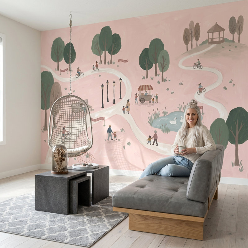 Papier peint Pastel Park Landscape, 120 po x 96 po, Peler et coller