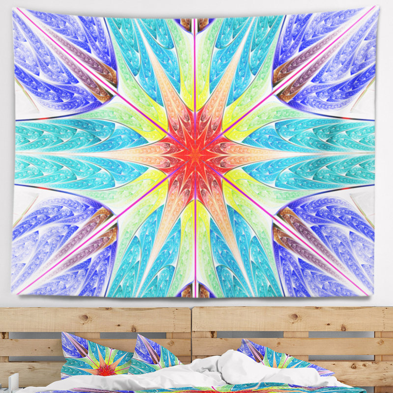 Tapisserie abstraite en motif bleu fractal, H 68 po x l 80 po