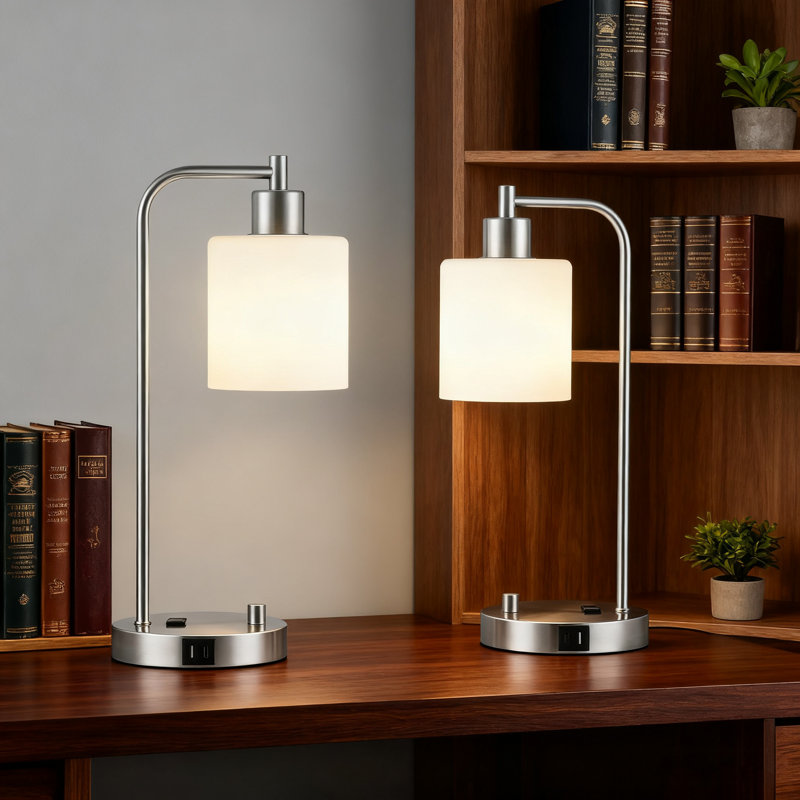Set Of 2 Industrial Bedside Lamps With USB C And A Charging Ports & AC Outlet, Fully Stepless Dimmable Table Lamps With Opal Glass Shade For Bedroom Office Reading, Includes LED Bulbs