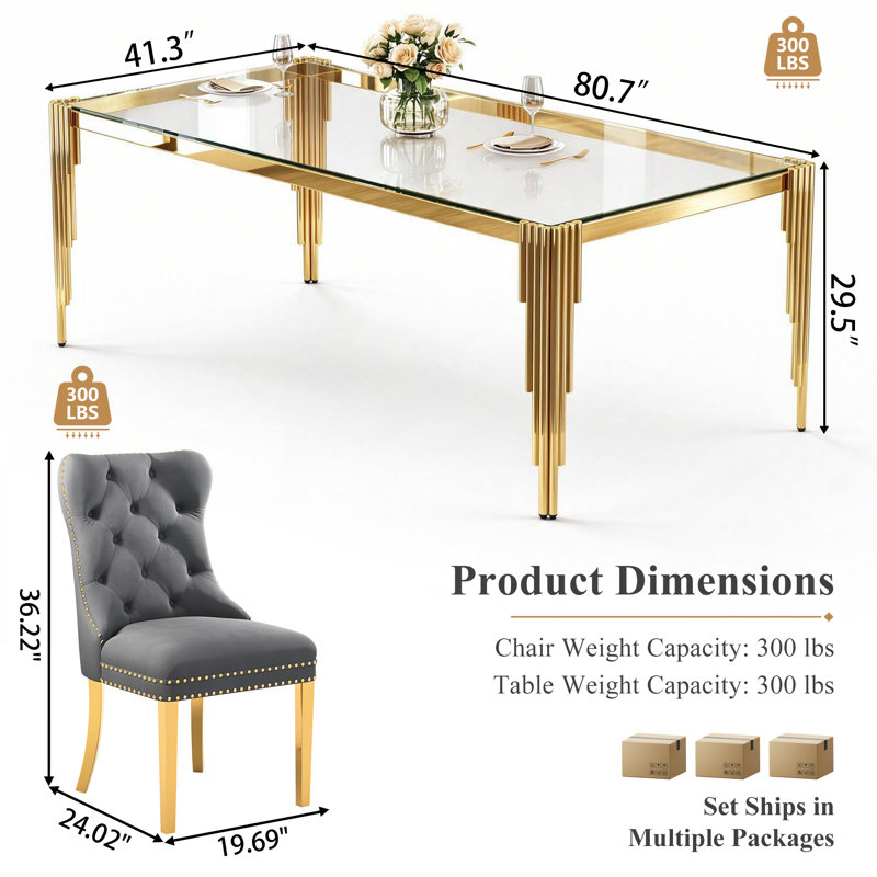 7-Piece Dining Table Set, 80" Rectangular Tempered Glass Dining Table, Stainless Steel Round Tube Legs, 6 Velvet Upholstered Dining Chairs With Tufted Nailhead Accents And Stainless Steel Frame