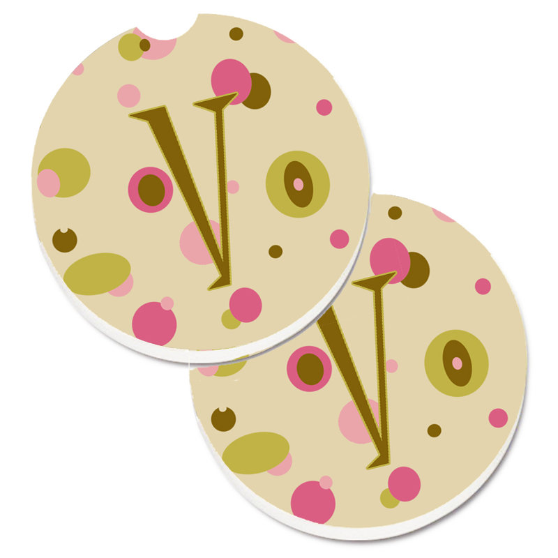 Ceramic Round 2 Piece Car Coaster Set, V, Tan