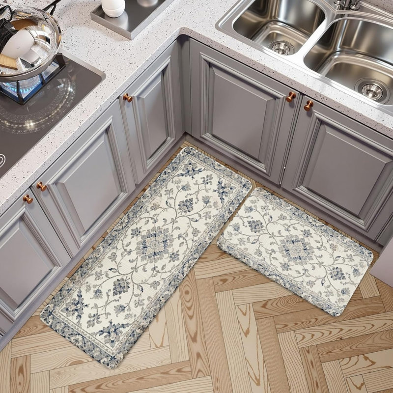 Tapis de cuisine bleu à imprimé floral oriental pour cuisine et décor traditionnel, paquet de 2 décorations bleu beige