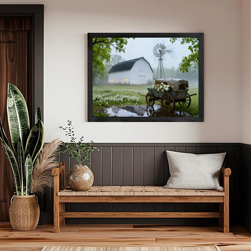 Art encadré noir de ferme rustique, peinture de paysage de campagne maussade, impressions encadrées, H 25 po x l 37 po