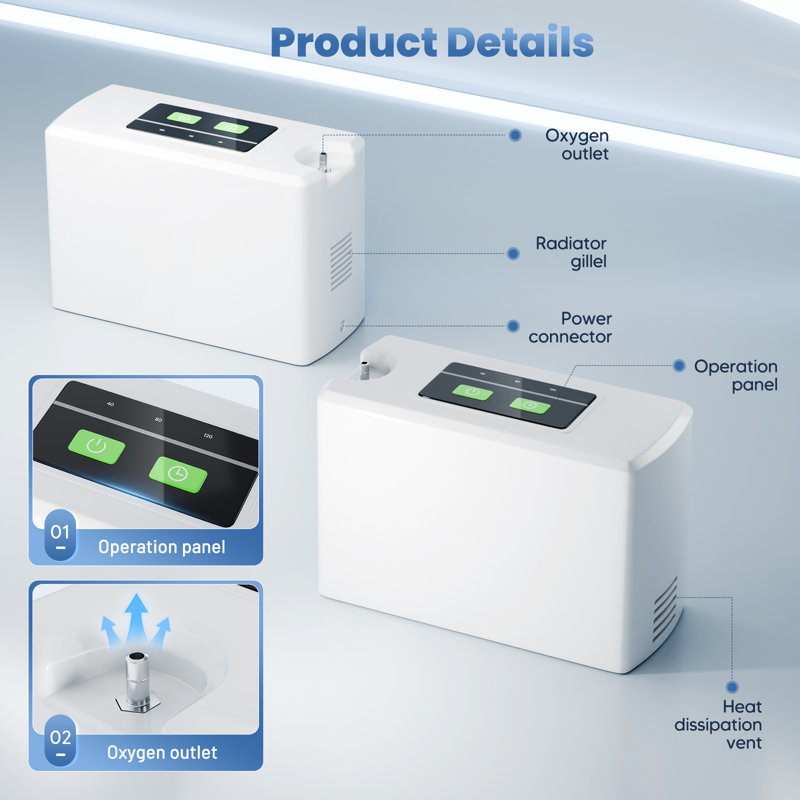 Petite machine à oxygène portable de 3 L avec accessoires et sac gris - Générateur d'oxygène compact 33% (voyage: 5000 mAh)