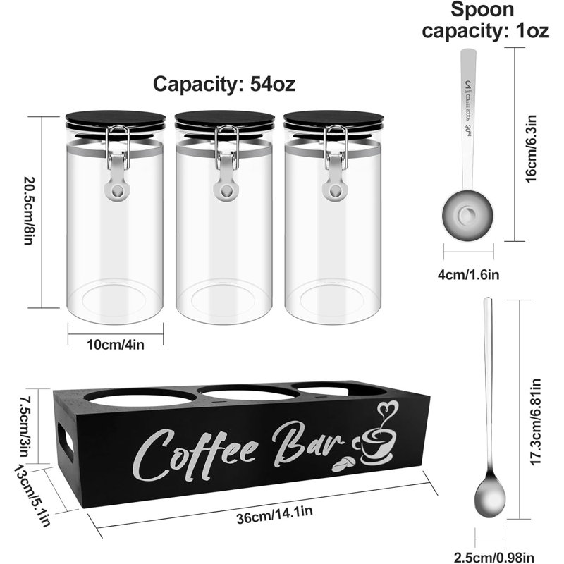 Contenant à café en verre avec tablette Organisateur de station de café Boîte de rangement de grains de café en verre noir 54 oz avec cuillère Ensemble de contenants à café pour la cuisine