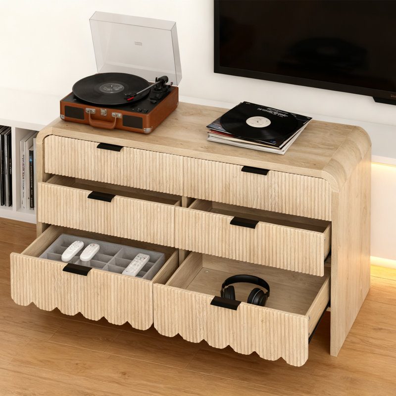 Fluted 6 Drawers Dresser For Bedroom, 59" Wide Modern Chest Of Drawers With Metal Handles, Curved Edge Design, Dresser TV Stand, Modern Dressers With Wave Texture For Living Room, Hallway