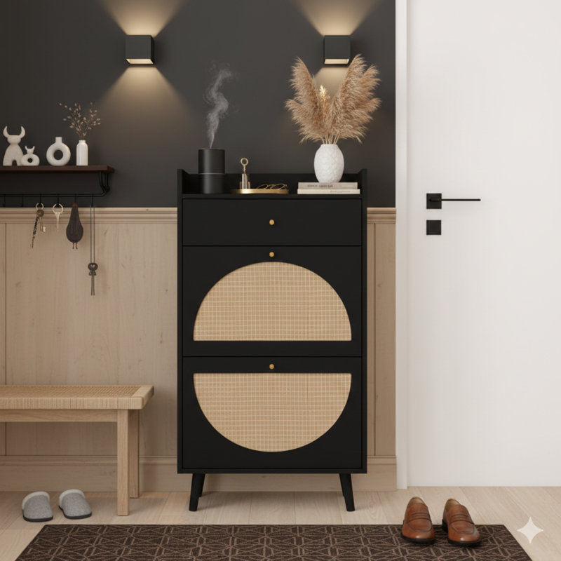 Allen Two-Door, One-Drawer Storage Cabinet In Rattan, Double-Layer Shoe Rack, Suitable For Entryway Use