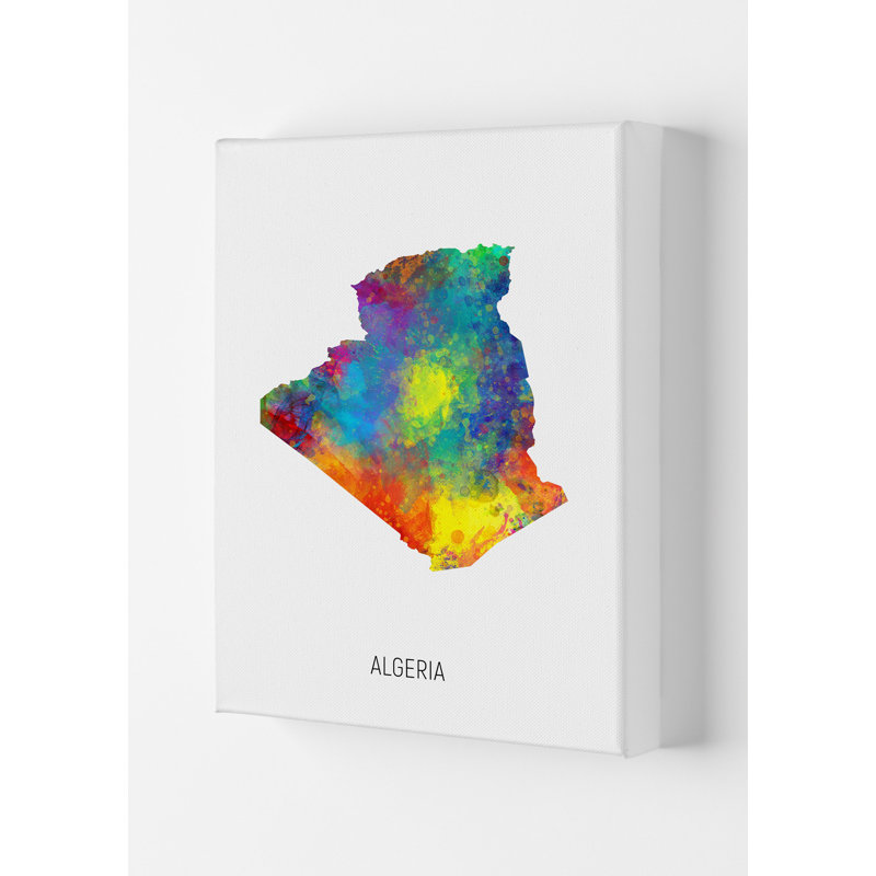 Algeria Watercolour Map by Michael Tompsett - Print, 29.7cm H x 21cm W x 4cm D, Wrapped Canvas
