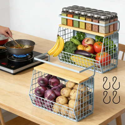 Magnetic Storage Shelf For Refrigerator And Metal Surfaces, Large Capacity Tiered Organizer Bin With Wood Lid For Kitchen Pantry, Counter, And Cabinet