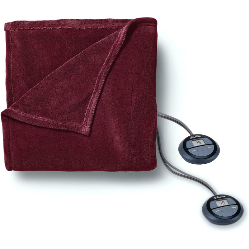 Sunbeam Queen Size Electric Heated Microplush Blanket In Garnet With Dual Digital Display Controllers – Ultra-soft, Machine Washable, 10 Heat Settings