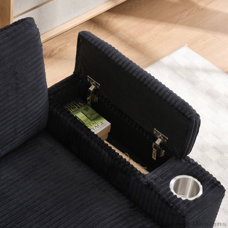 Chaise longue rembourrée avec repose-pieds Corduroy, Noir