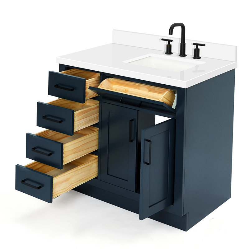 Meuble-lavabo simple en bois massif 36 po Tidworth avec plateau en quartz 1,5 po, Bleu minuit, Oui, Forme rectangulaire